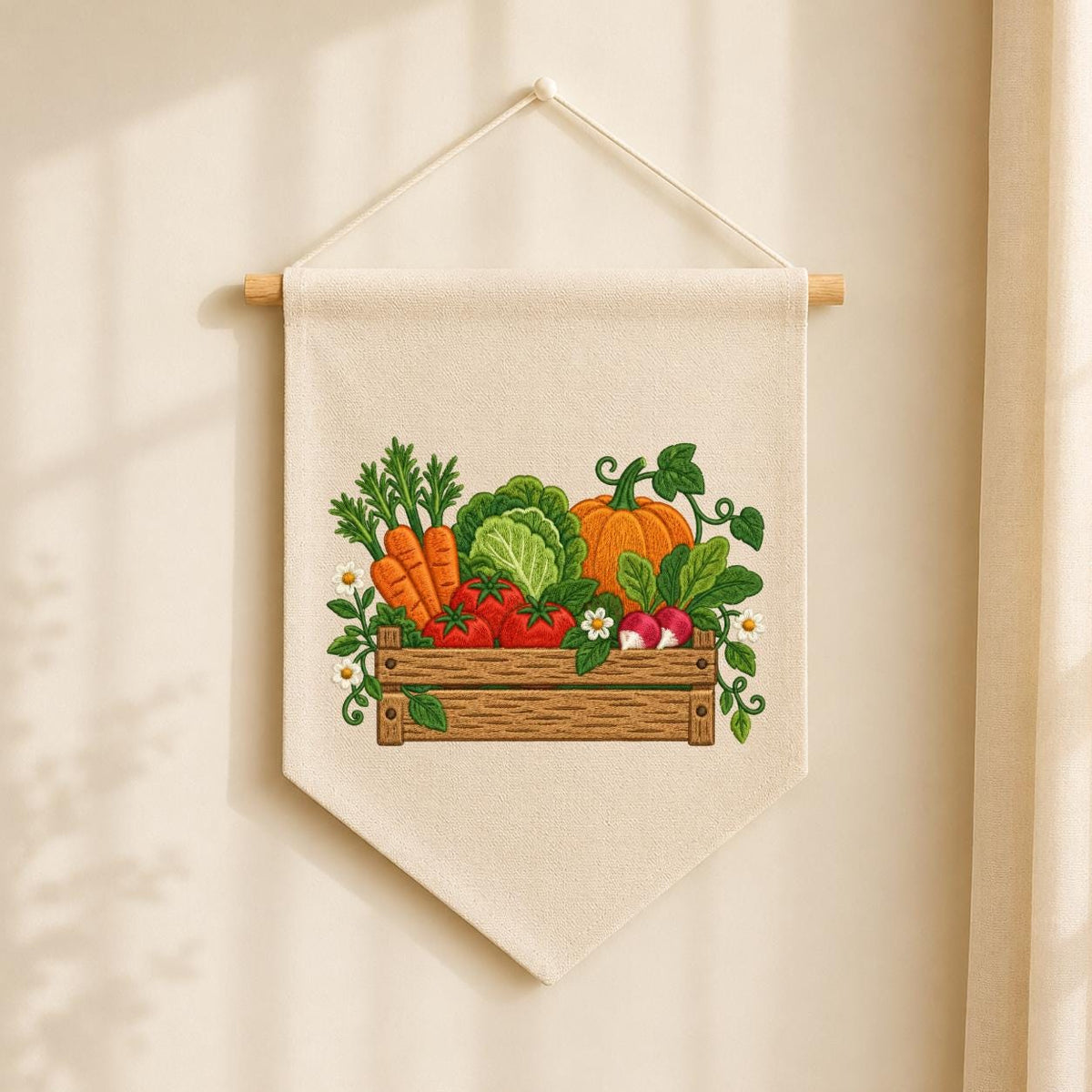 Embroidered Vegetable Garden Wall Hanging Banner Wooden Crate Decor Rustic Kitchen Art Farmhouse Home Gift Harvest Vegetable Ornament