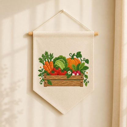 Embroidered Vegetable Garden Wall Hanging Banner Wooden Crate Decor Rustic Kitchen Art Farmhouse Home Gift Harvest Vegetable Ornament