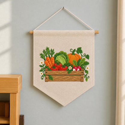 Embroidered Vegetable Garden Wall Hanging Banner Wooden Crate Decor Rustic Kitchen Art Farmhouse Home Gift Harvest Vegetable Ornament