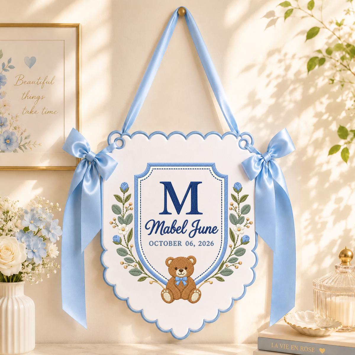 Personalized Baby Name Banner Mabel June Nursery Wall Decor Teddy Bear Birth Announcement Embroidered Blue Floral Baby Shower Gift Keepsake