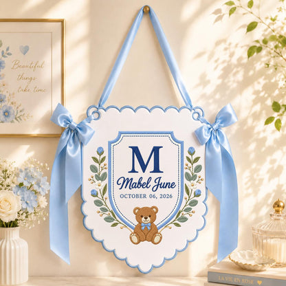 Personalized Baby Name Banner Mabel June Nursery Wall Decor Teddy Bear Birth Announcement Embroidered Blue Floral Baby Shower Gift Keepsake