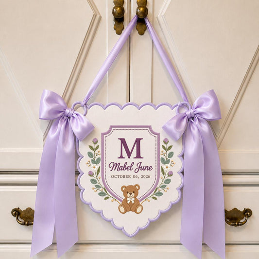 Personalized Baby Name Banner Mabel June Nursery Wall Decor Teddy Bear Birth Announcement Embroidered Blue Floral Baby Shower Gift Keepsake