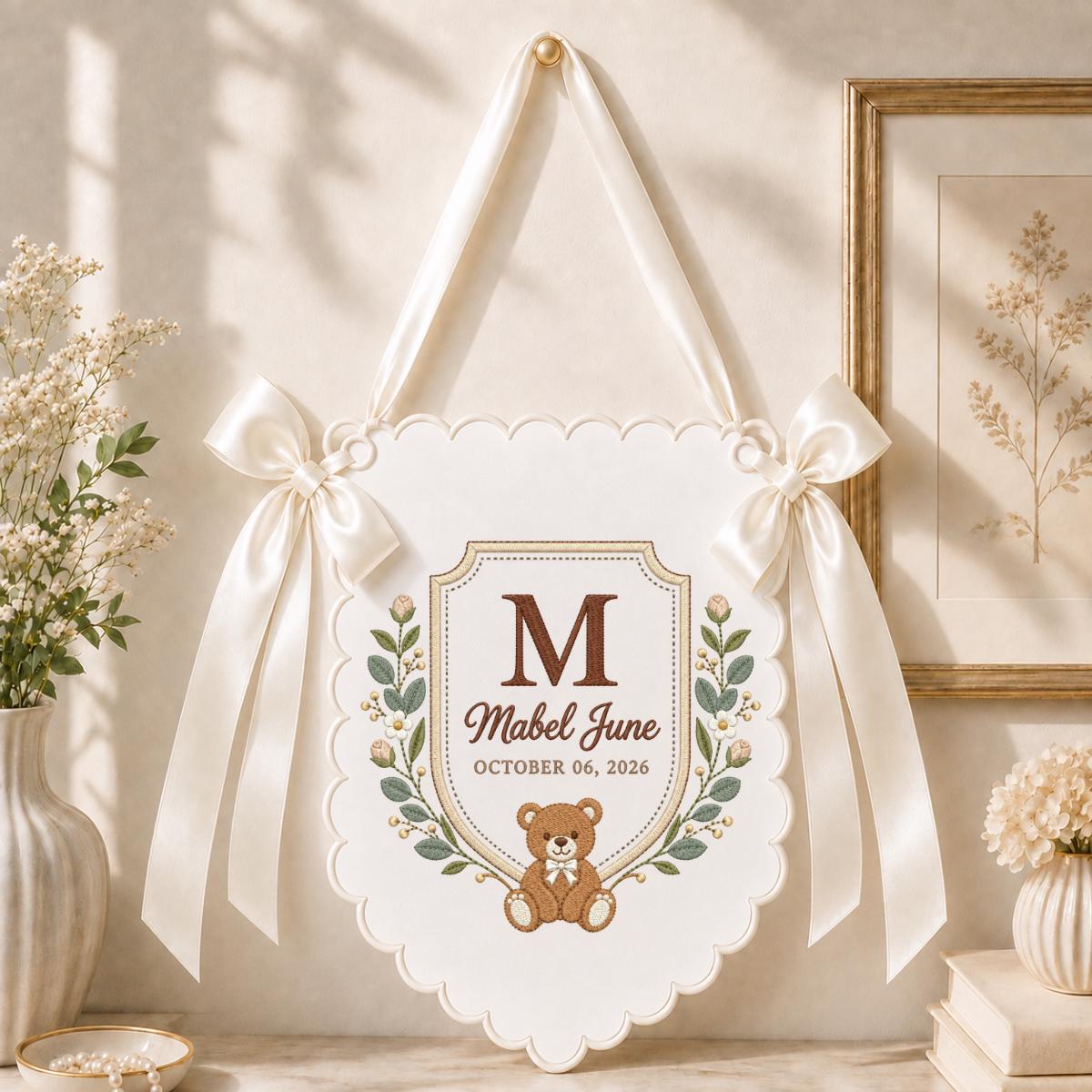 Personalized Baby Name Banner Mabel June Nursery Wall Decor Teddy Bear Birth Announcement Embroidered Blue Floral Baby Shower Gift Keepsake