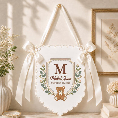 Personalized Baby Name Banner Mabel June Nursery Wall Decor Teddy Bear Birth Announcement Embroidered Blue Floral Baby Shower Gift Keepsake