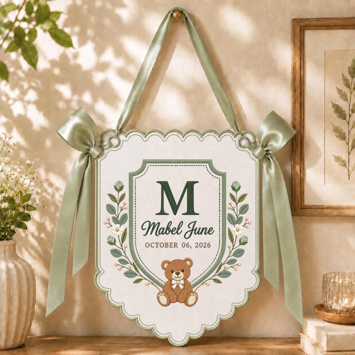 Personalized Baby Name Banner Mabel June Nursery Wall Decor Teddy Bear Birth Announcement Embroidered Blue Floral Baby Shower Gift Keepsake