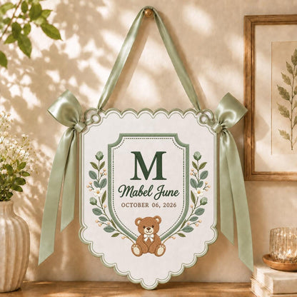 Personalized Baby Name Banner Mabel June Nursery Wall Decor Teddy Bear Birth Announcement Embroidered Blue Floral Baby Shower Gift Keepsake