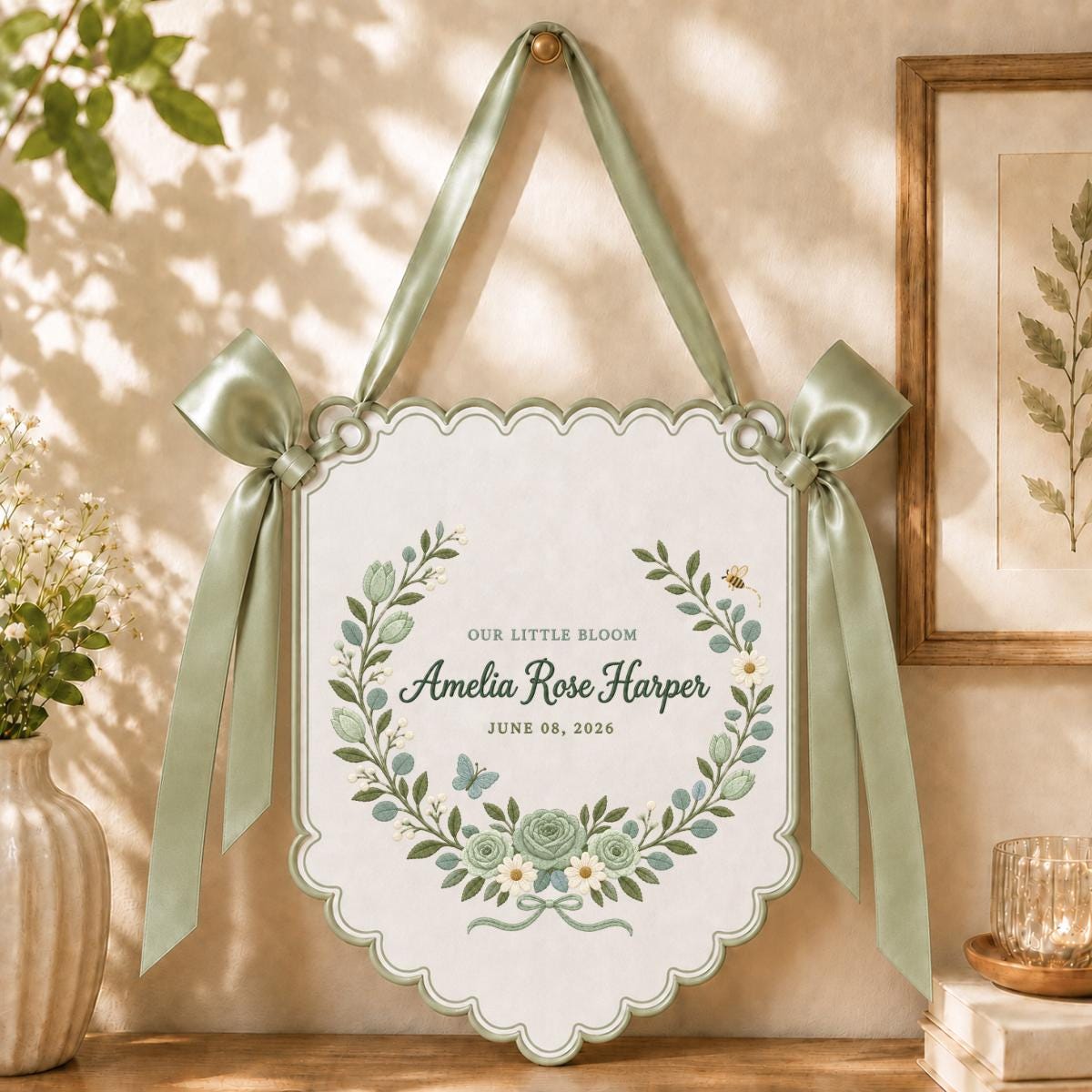 Personalized Name Banner Amelia Rose Harper Floral Nursery Wall Decor Scalloped Bow Hanging Birth Announcement Baby Shower Keepsake Gift