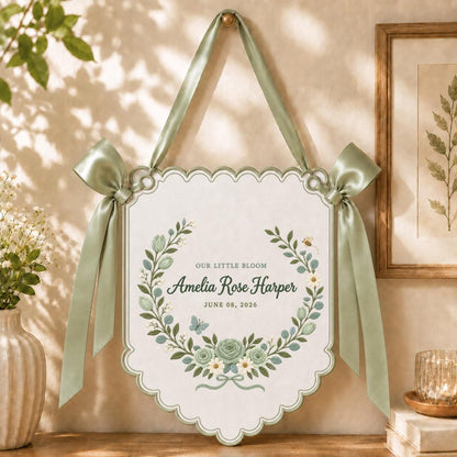 Personalized Name Banner Amelia Rose Harper Floral Nursery Wall Decor Scalloped Bow Hanging Birth Announcement Baby Shower Keepsake Gift