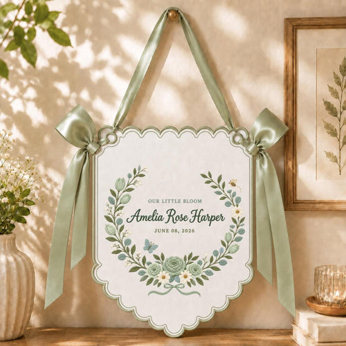 Personalized Name Banner Amelia Rose Harper Floral Nursery Wall Decor Scalloped Bow Hanging Birth Announcement Baby Shower Keepsake Gift