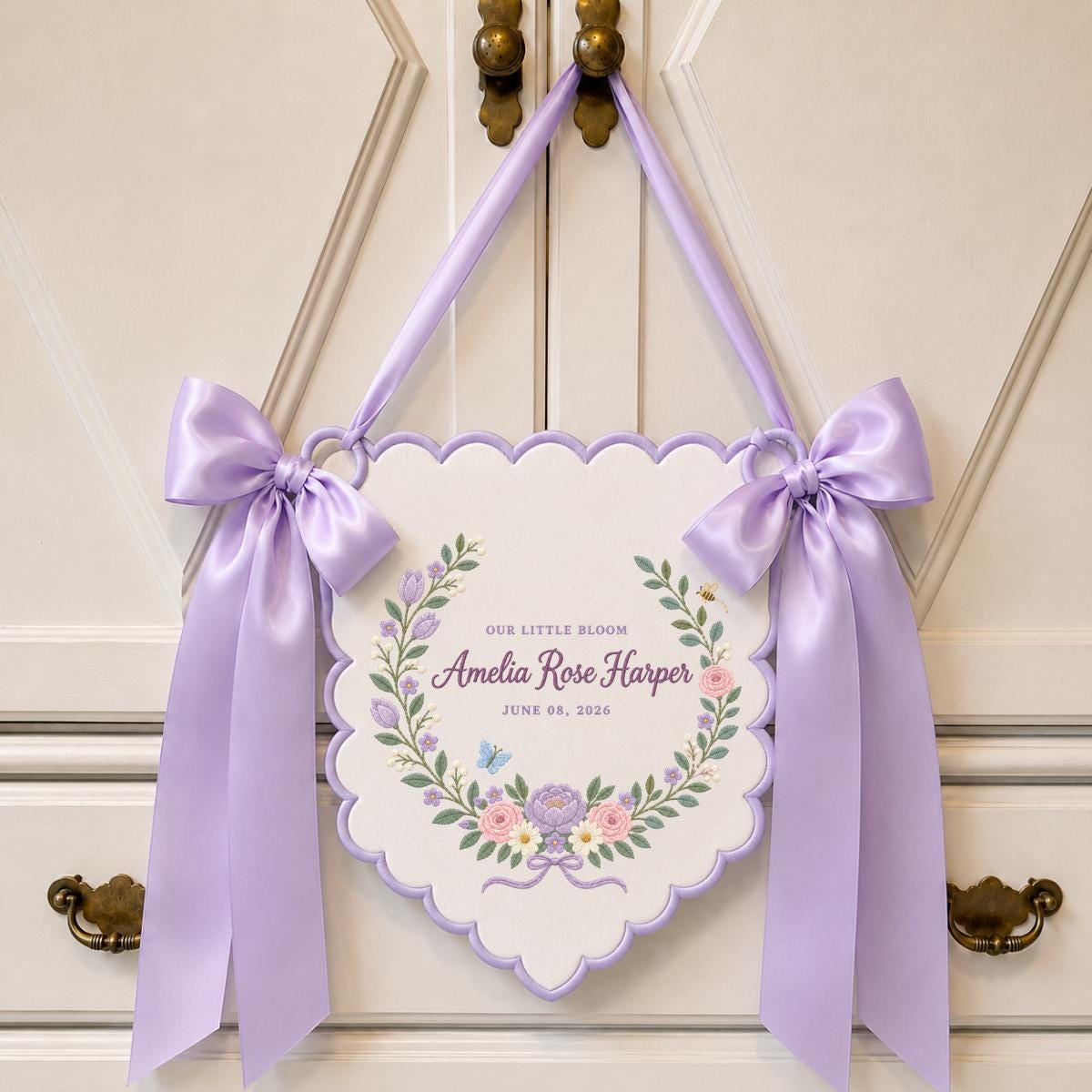 Personalized Name Banner Amelia Rose Harper Floral Nursery Wall Decor Scalloped Bow Hanging Birth Announcement Baby Shower Keepsake Gift