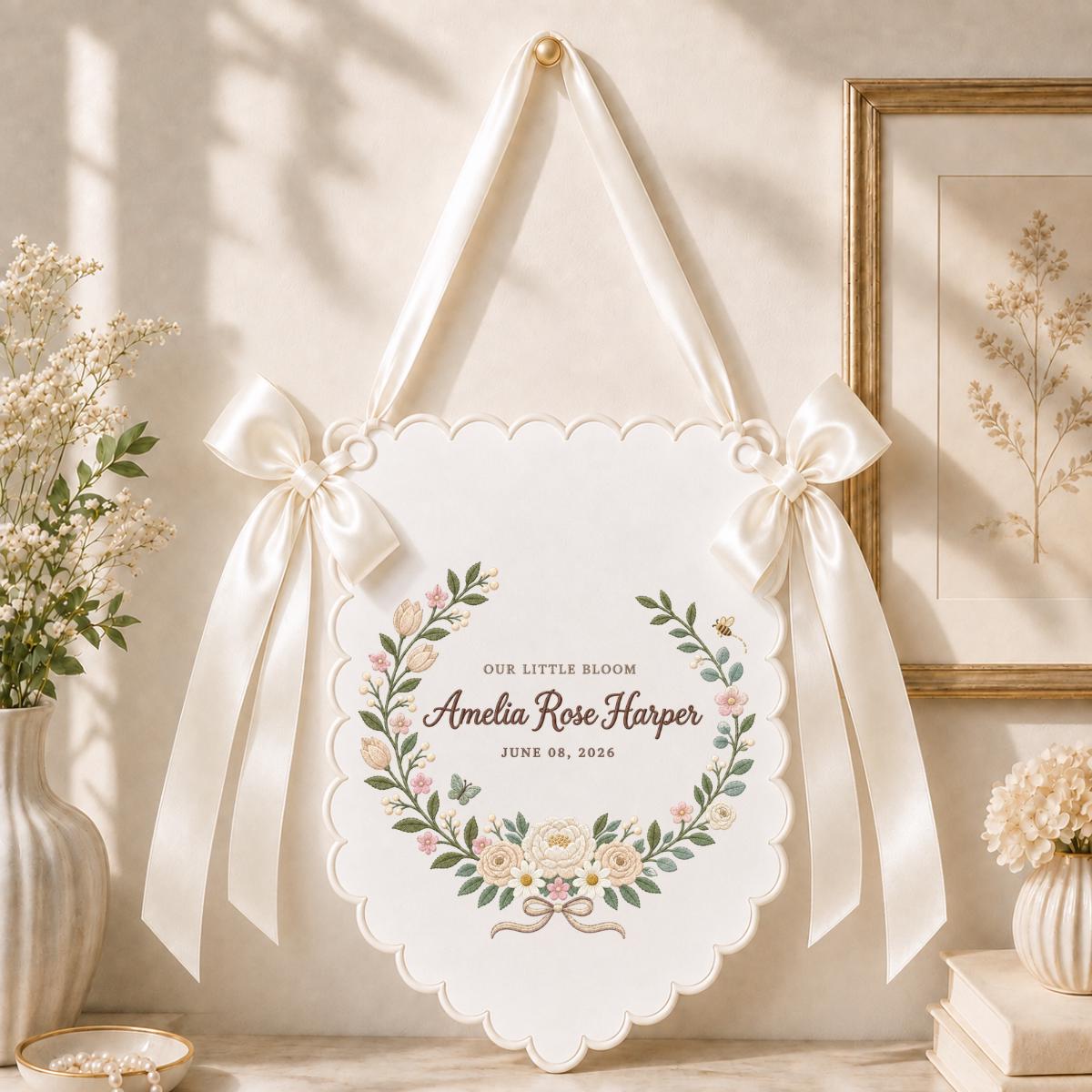 Personalized Name Banner Amelia Rose Harper Floral Nursery Wall Decor Scalloped Bow Hanging Birth Announcement Baby Shower Keepsake Gift