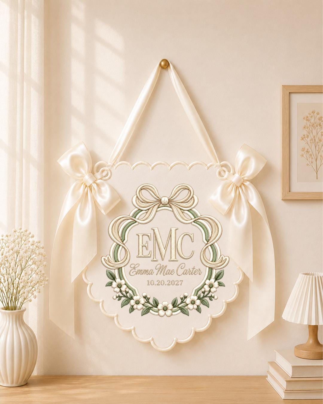 Personalized Monogram Embroidered Baby Name Banner, Custom Floral Bow Nursery Sign, Birth Announcement, Hospital Door Sign, Baby Gift