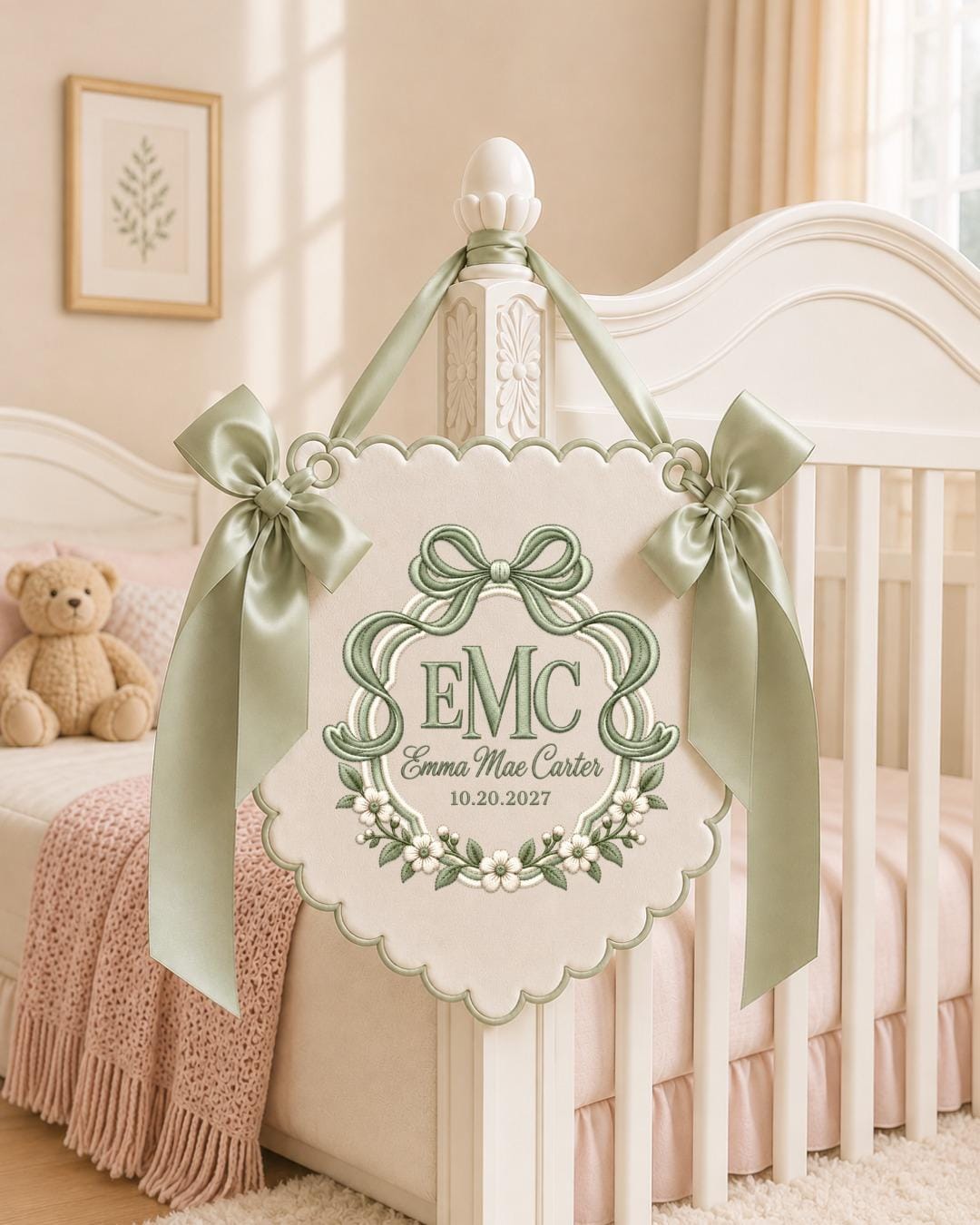 Personalized Monogram Embroidered Baby Name Banner, Custom Floral Bow Nursery Sign, Birth Announcement, Hospital Door Sign, Baby Gift