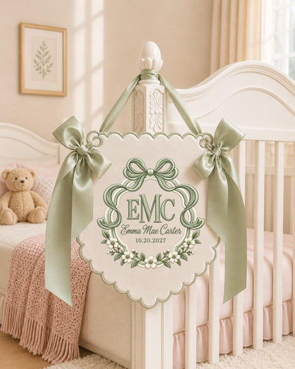 Personalized Monogram Embroidered Baby Name Banner, Custom Floral Bow Nursery Sign, Birth Announcement, Hospital Door Sign, Baby Gift