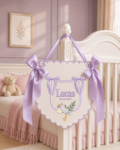 Personalized Stork Embroidered Baby Name Banner, Custom Newborn Nursery Sign, Birth Announcement, Hospital Door Hanger, Baby Shower Gift