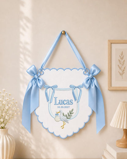 Personalized Stork Embroidered Baby Name Banner, Custom Newborn Nursery Sign, Birth Announcement, Hospital Door Hanger, Baby Shower Gift