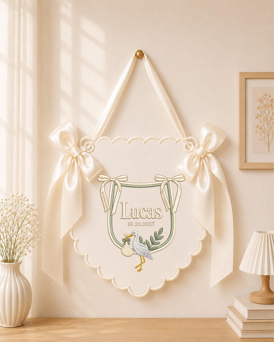 Personalized Stork Embroidered Baby Name Banner, Custom Newborn Nursery Sign, Birth Announcement, Hospital Door Hanger, Baby Shower Gift