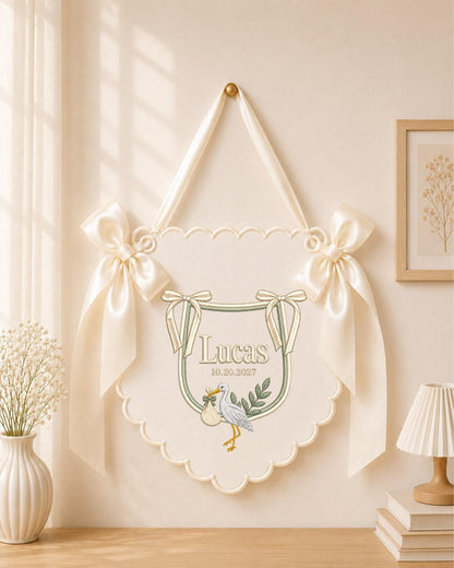Personalized Stork Embroidered Baby Name Banner, Custom Newborn Nursery Sign, Birth Announcement, Hospital Door Hanger, Baby Shower Gift