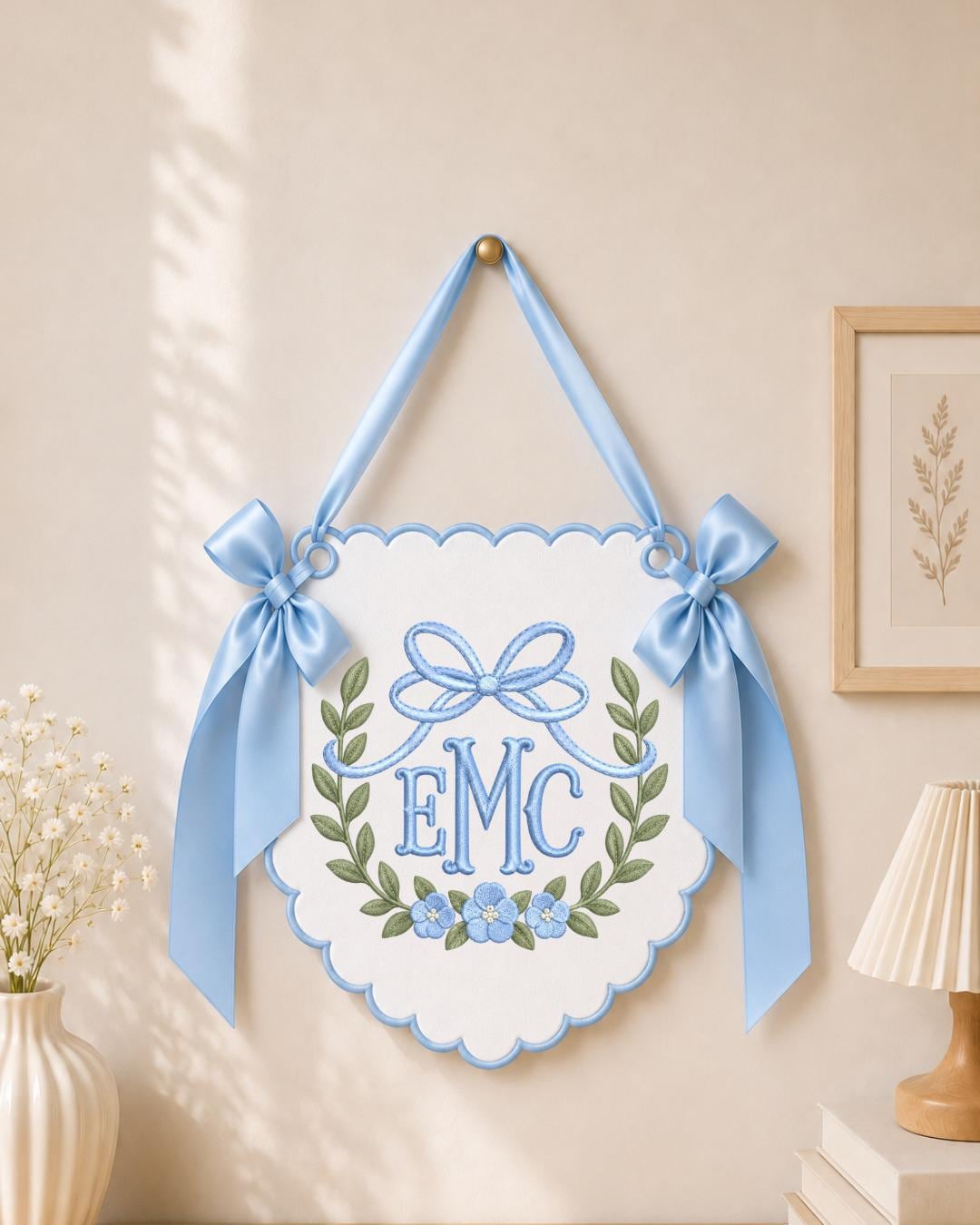Personalized Floral Monogram Embroidered Baby Name Banner, Custom Initial Nursery Sign, Bow Baby Wall Hanging, Newborn Gift, Baby Decor