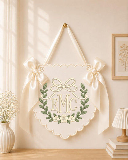 Personalized Floral Monogram Embroidered Baby Name Banner, Custom Initial Nursery Sign, Bow Baby Wall Hanging, Newborn Gift, Baby Decor