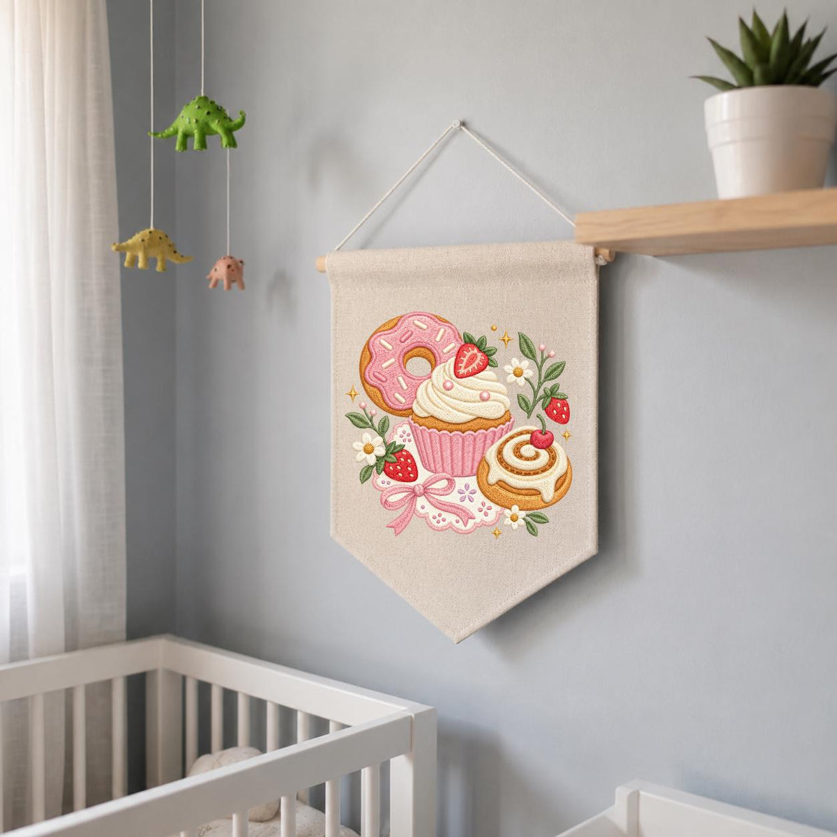 Embroidered Dessert Banner Strawberry Donut Cupcake Cinnamon Roll Wall Hanging Sweet Bakery Kitchen Decor Rustic Home Gift Handmade Keepsake