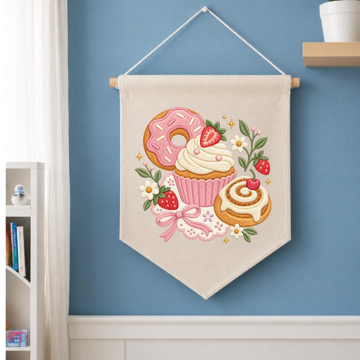 Embroidered Dessert Banner Strawberry Donut Cupcake Cinnamon Roll Wall Hanging Sweet Bakery Kitchen Decor Rustic Home Gift Handmade Keepsake