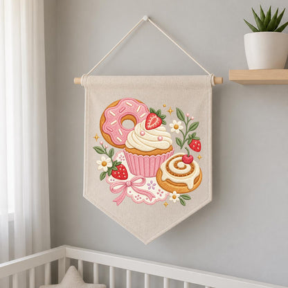Embroidered Dessert Banner Strawberry Donut Cupcake Cinnamon Roll Wall Hanging Sweet Bakery Kitchen Decor Rustic Home Gift Handmade Keepsake