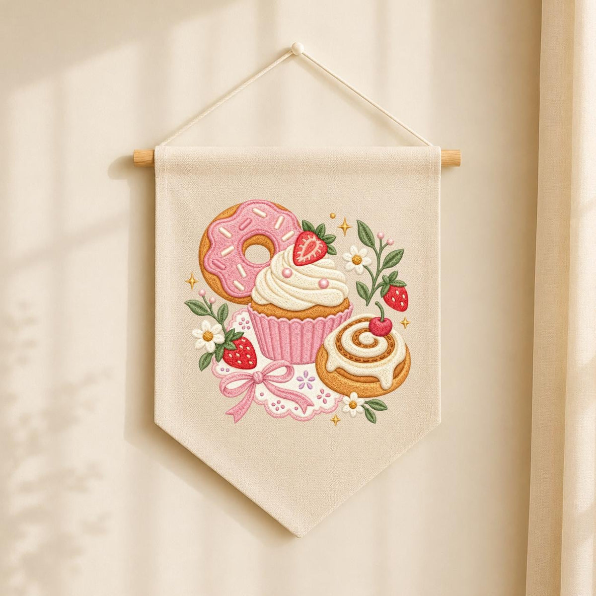 Embroidered Dessert Banner Strawberry Donut Cupcake Cinnamon Roll Wall Hanging Sweet Bakery Kitchen Decor Rustic Home Gift Handmade Keepsake