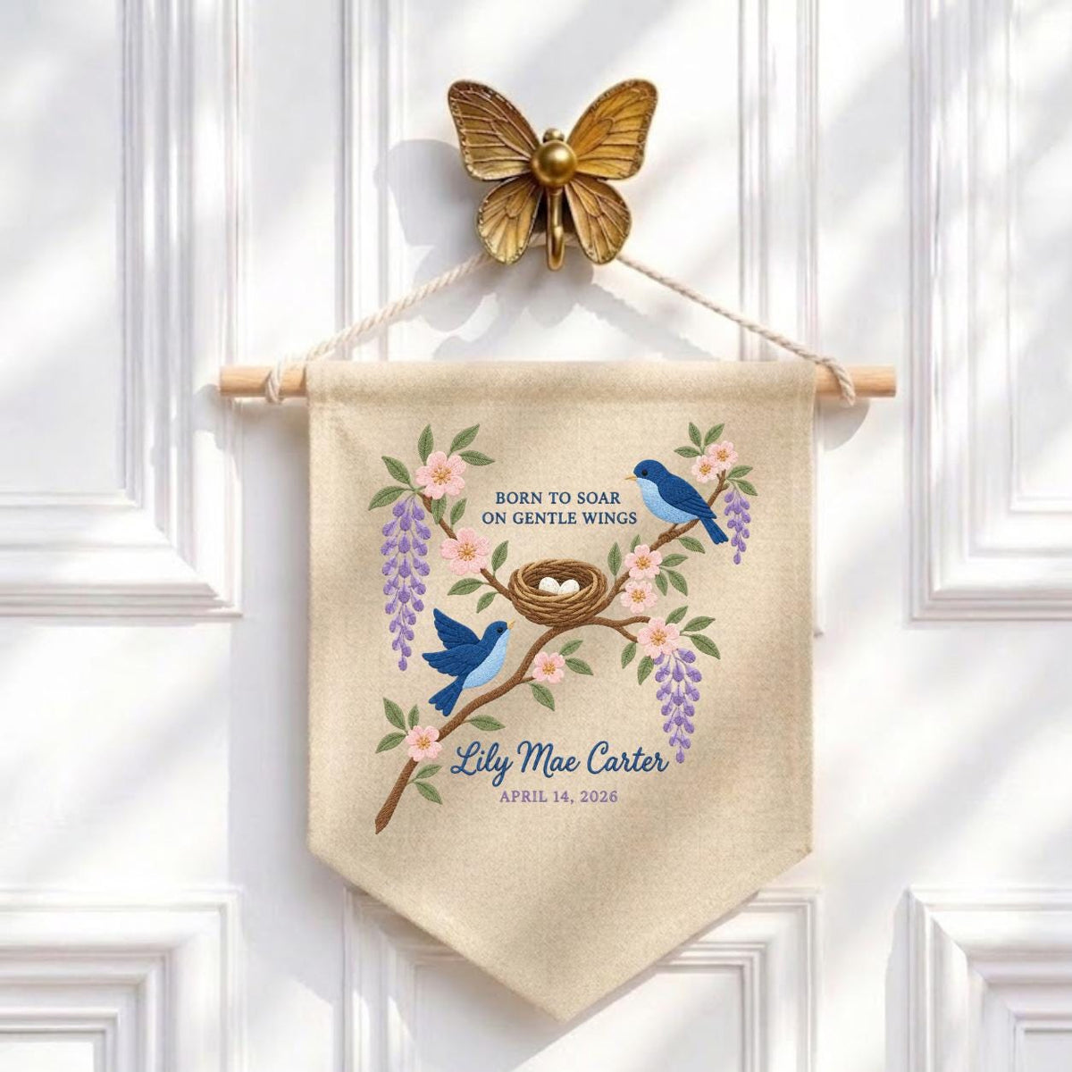Personalized Baby Name Banner Lily Mae Carter Bird Nest Floral Nursery Wall Decor Birth Announcement Embroidered Pennant Shower Keepsake