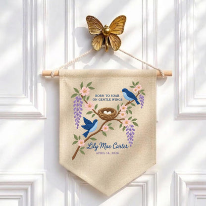 Personalized Baby Name Banner Lily Mae Carter Bird Nest Floral Nursery Wall Decor Birth Announcement Embroidered Pennant Shower Keepsake