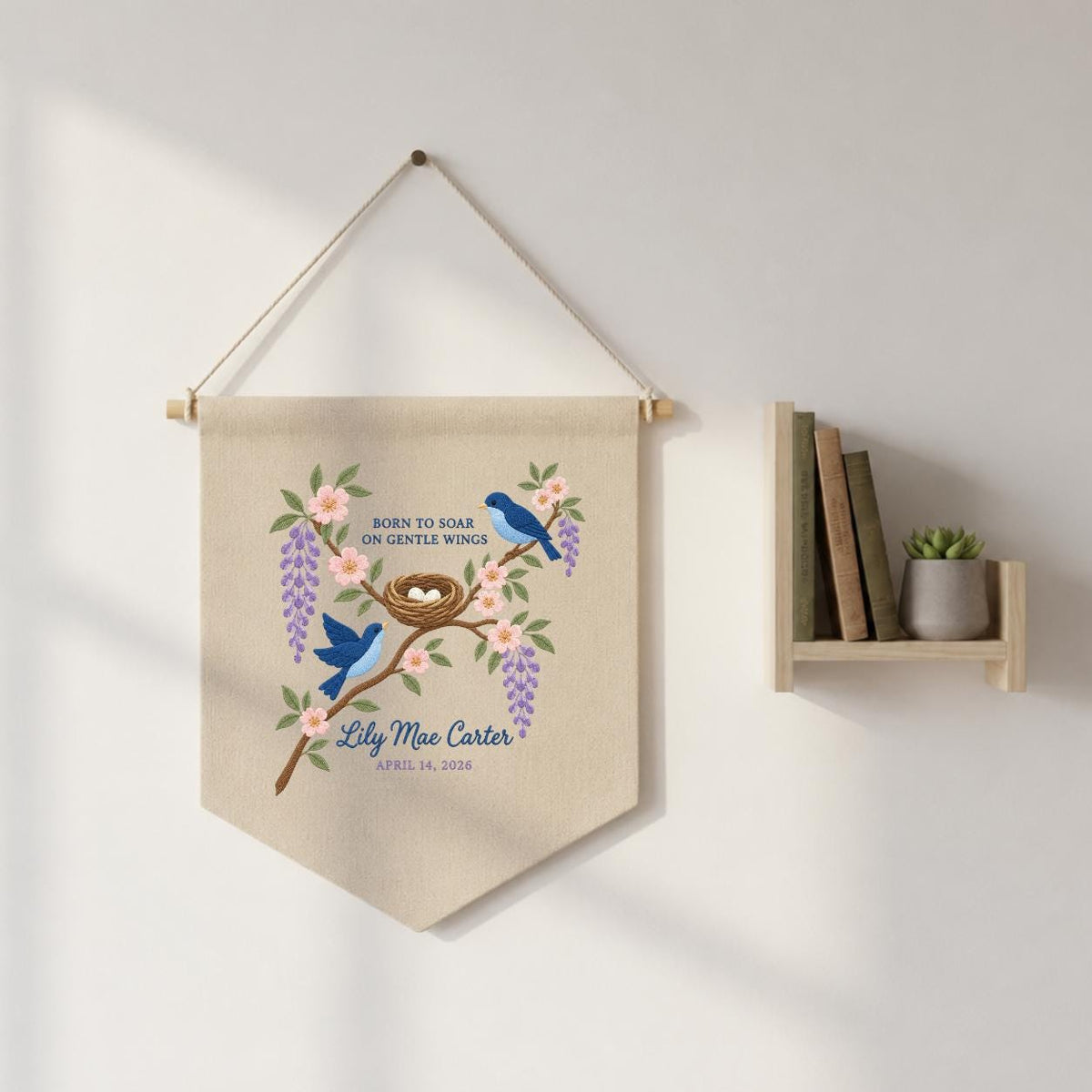 Personalized Baby Name Banner Lily Mae Carter Bird Nest Floral Nursery Wall Decor Birth Announcement Embroidered Pennant Shower Keepsake