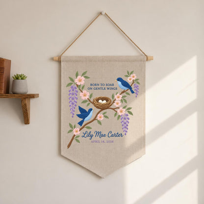 Personalized Baby Name Banner Lily Mae Carter Bird Nest Floral Nursery Wall Decor Birth Announcement Embroidered Pennant Shower Keepsake