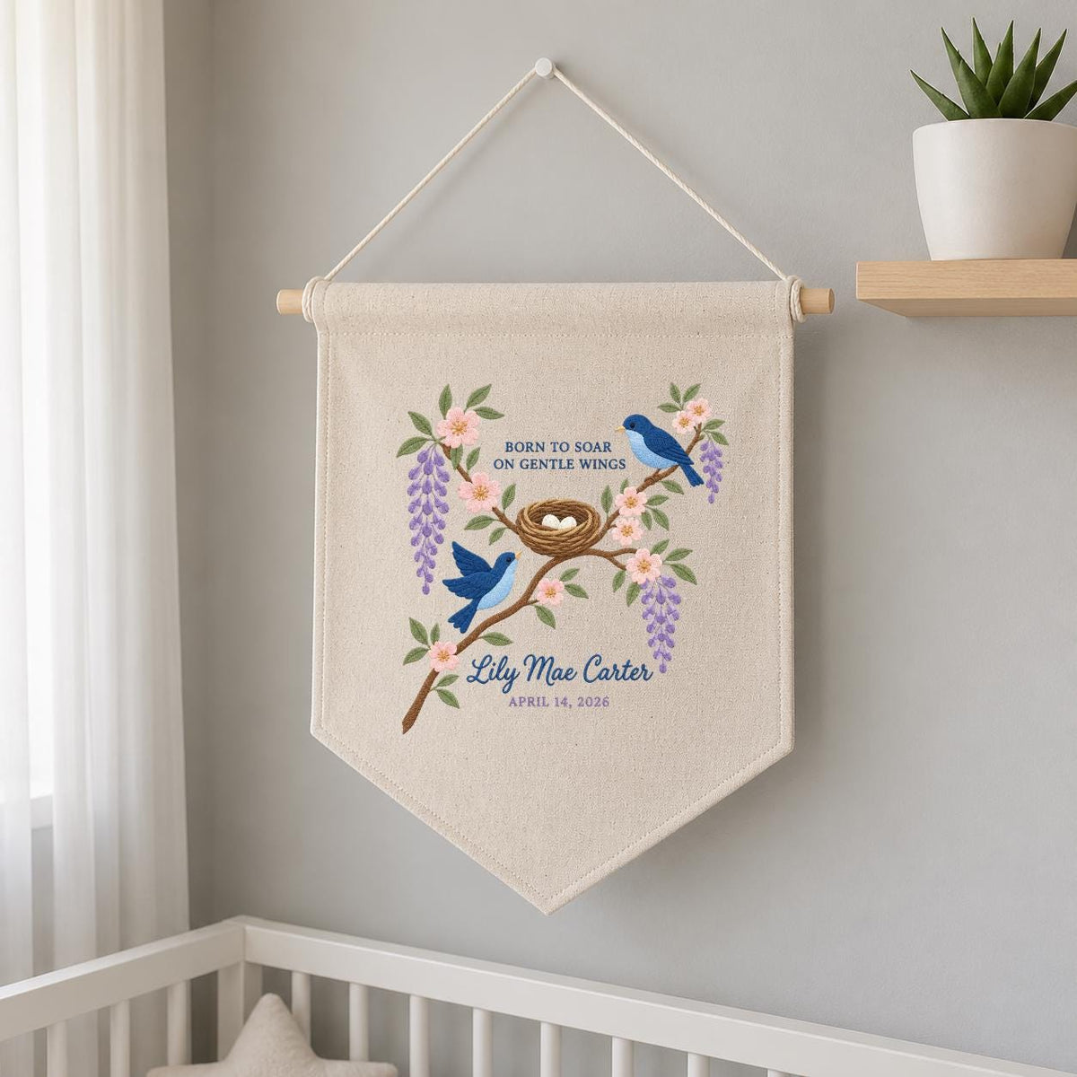 Personalized Baby Name Banner Lily Mae Carter Bird Nest Floral Nursery Wall Decor Birth Announcement Embroidered Pennant Shower Keepsake