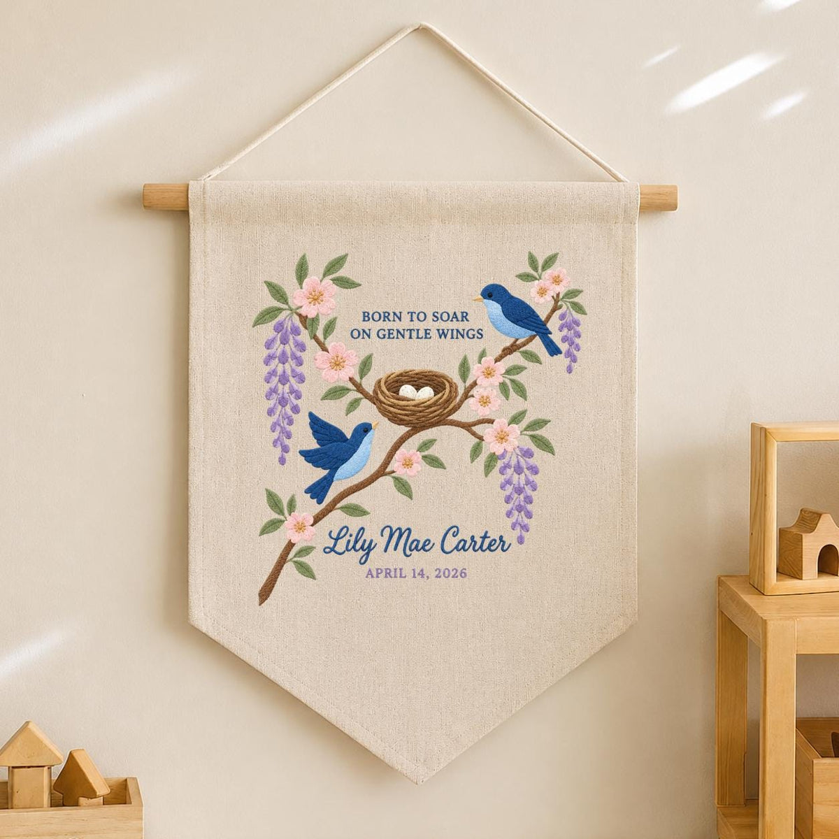 Personalized Baby Name Banner Lily Mae Carter Bird Nest Floral Nursery Wall Decor Birth Announcement Embroidered Pennant Shower Keepsake