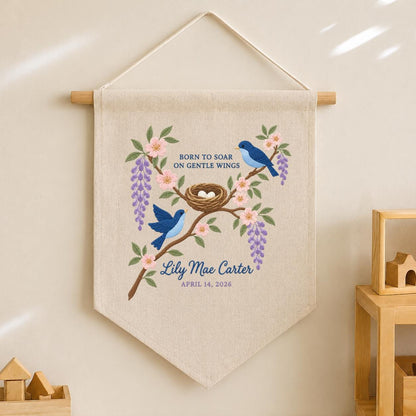 Personalized Baby Name Banner Lily Mae Carter Bird Nest Floral Nursery Wall Decor Birth Announcement Embroidered Pennant Shower Keepsake