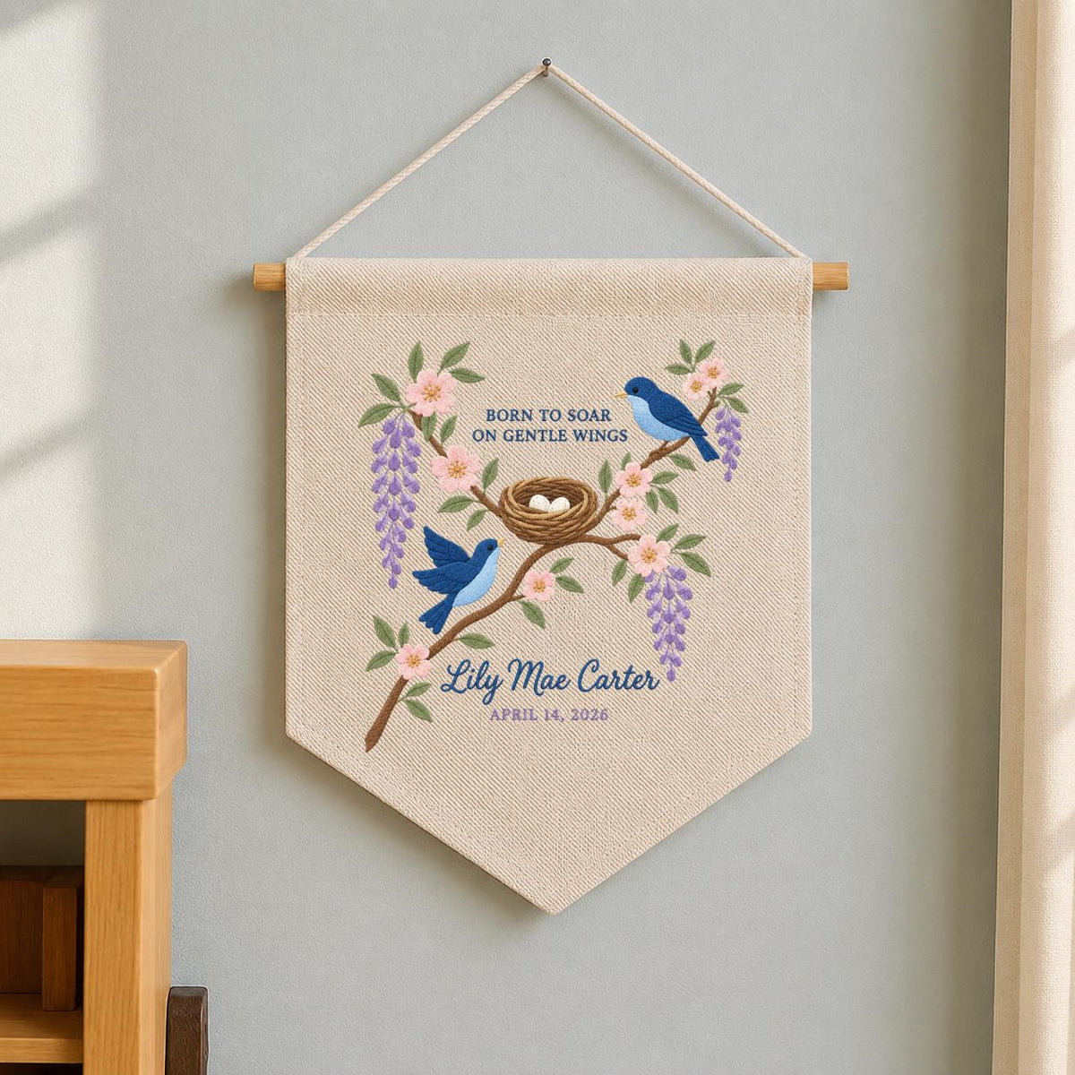Personalized Baby Name Banner Lily Mae Carter Bird Nest Floral Nursery Wall Decor Birth Announcement Embroidered Pennant Shower Keepsake