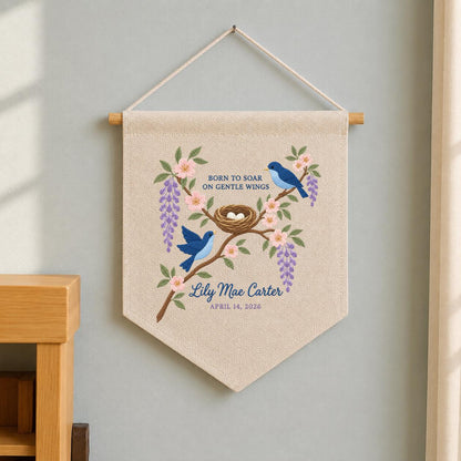 Personalized Baby Name Banner Lily Mae Carter Bird Nest Floral Nursery Wall Decor Birth Announcement Embroidered Pennant Shower Keepsake