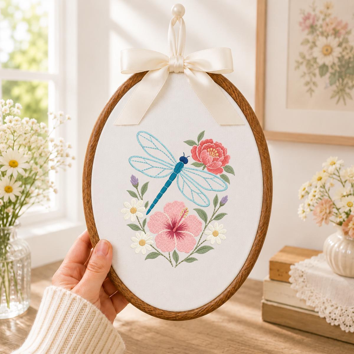 Embroidered Dragonfly Hoop Art Floral Wall Decor Hibiscus Peony Wildflower Botanical Nursery Hanging Nature Lover Gift Handmade Keepsake