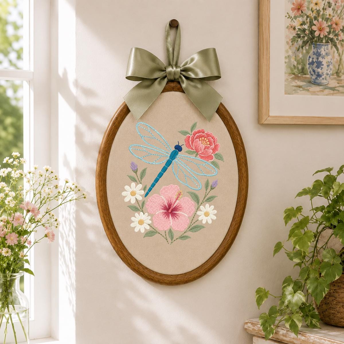 Embroidered Dragonfly Hoop Art Floral Wall Decor Hibiscus Peony Wildflower Botanical Nursery Hanging Nature Lover Gift Handmade Keepsake