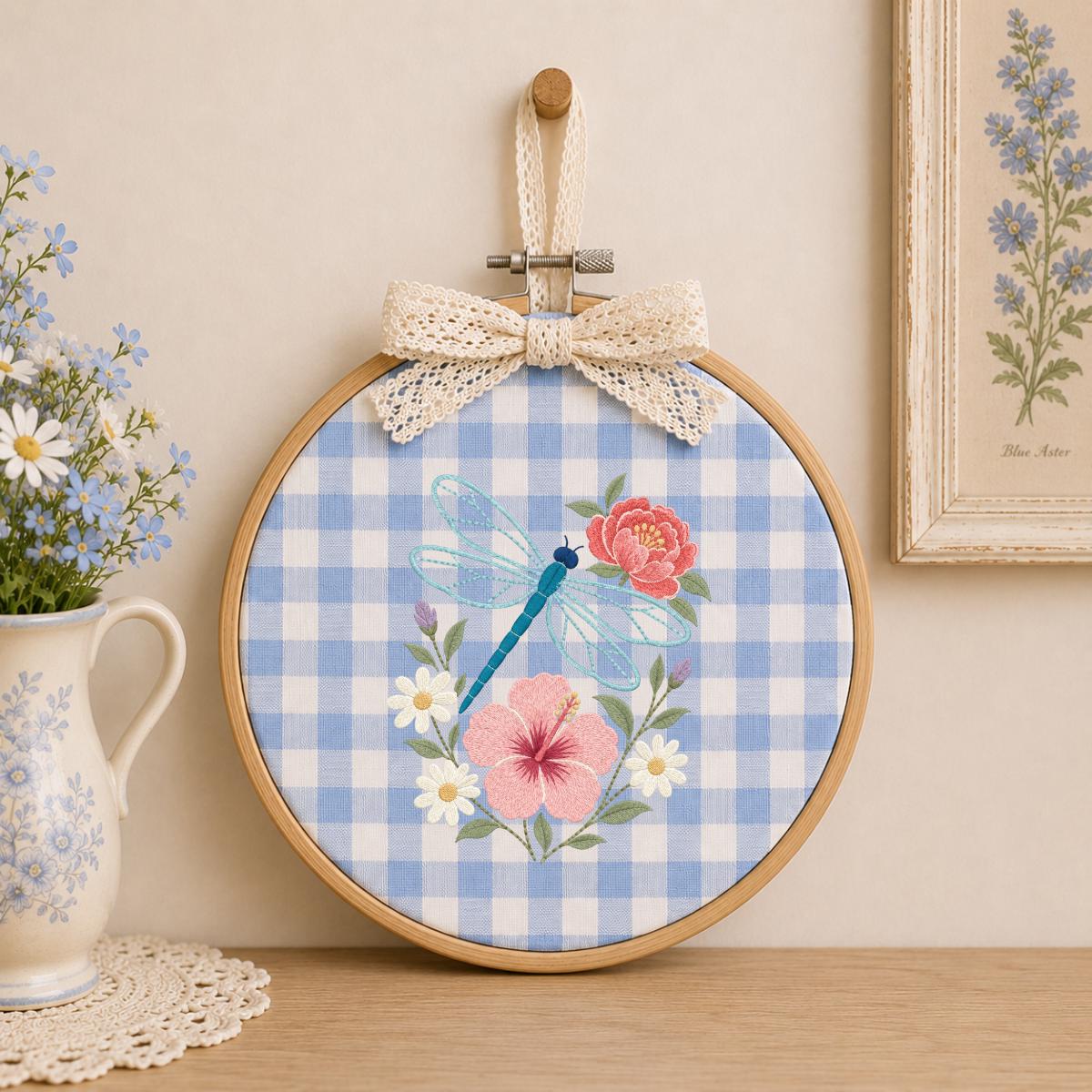 Embroidered Dragonfly Hoop Art Floral Wall Decor Hibiscus Peony Wildflower Botanical Nursery Hanging Nature Lover Gift Handmade Keepsake