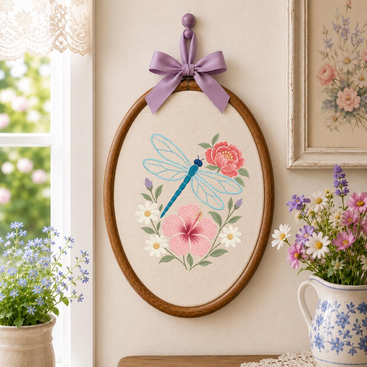 Embroidered Dragonfly Hoop Art Floral Wall Decor Hibiscus Peony Wildflower Botanical Nursery Hanging Nature Lover Gift Handmade Keepsake