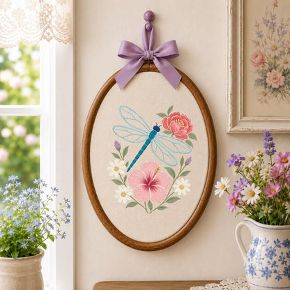 Embroidered Dragonfly Hoop Art Floral Wall Decor Hibiscus Peony Wildflower Botanical Nursery Hanging Nature Lover Gift Handmade Keepsake