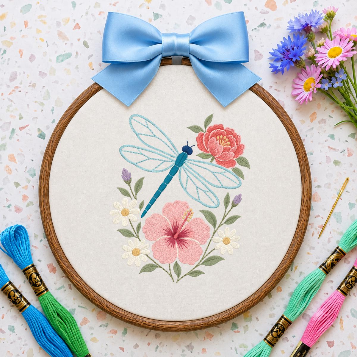 Embroidered Dragonfly Hoop Art Floral Wall Decor Hibiscus Peony Wildflower Botanical Nursery Hanging Nature Lover Gift Handmade Keepsake