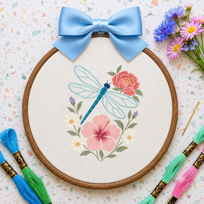Embroidered Dragonfly Hoop Art Floral Wall Decor Hibiscus Peony Wildflower Botanical Nursery Hanging Nature Lover Gift Handmade Keepsake