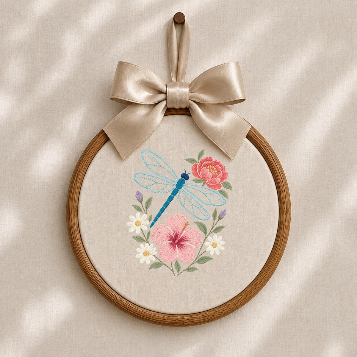 Embroidered Dragonfly Hoop Art Floral Wall Decor Hibiscus Peony Wildflower Botanical Nursery Hanging Nature Lover Gift Handmade Keepsake