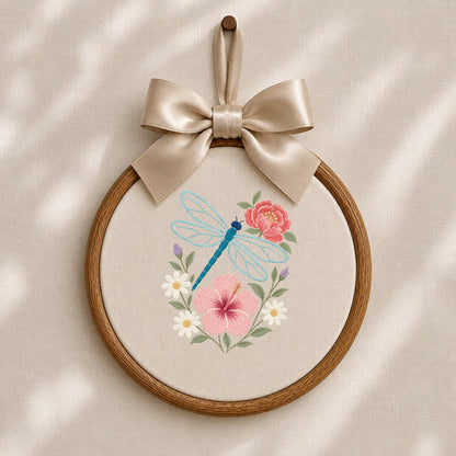 Embroidered Dragonfly Hoop Art Floral Wall Decor Hibiscus Peony Wildflower Botanical Nursery Hanging Nature Lover Gift Handmade Keepsake