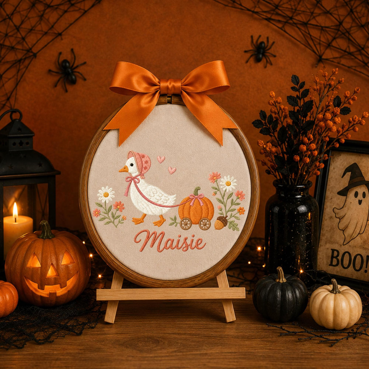 Personalized Goose Halloween Embroidered Ornament, Pumpkin Cart Baby Name Hoop, Fall Nursery Decor, Cute Halloween Baby Gift