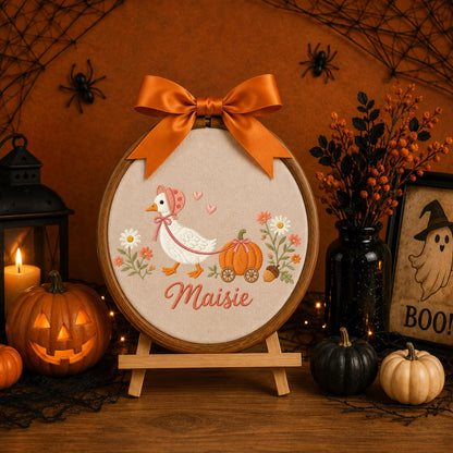 Personalized Goose Halloween Embroidered Ornament, Pumpkin Cart Baby Name Hoop, Fall Nursery Decor, Cute Halloween Baby Gift