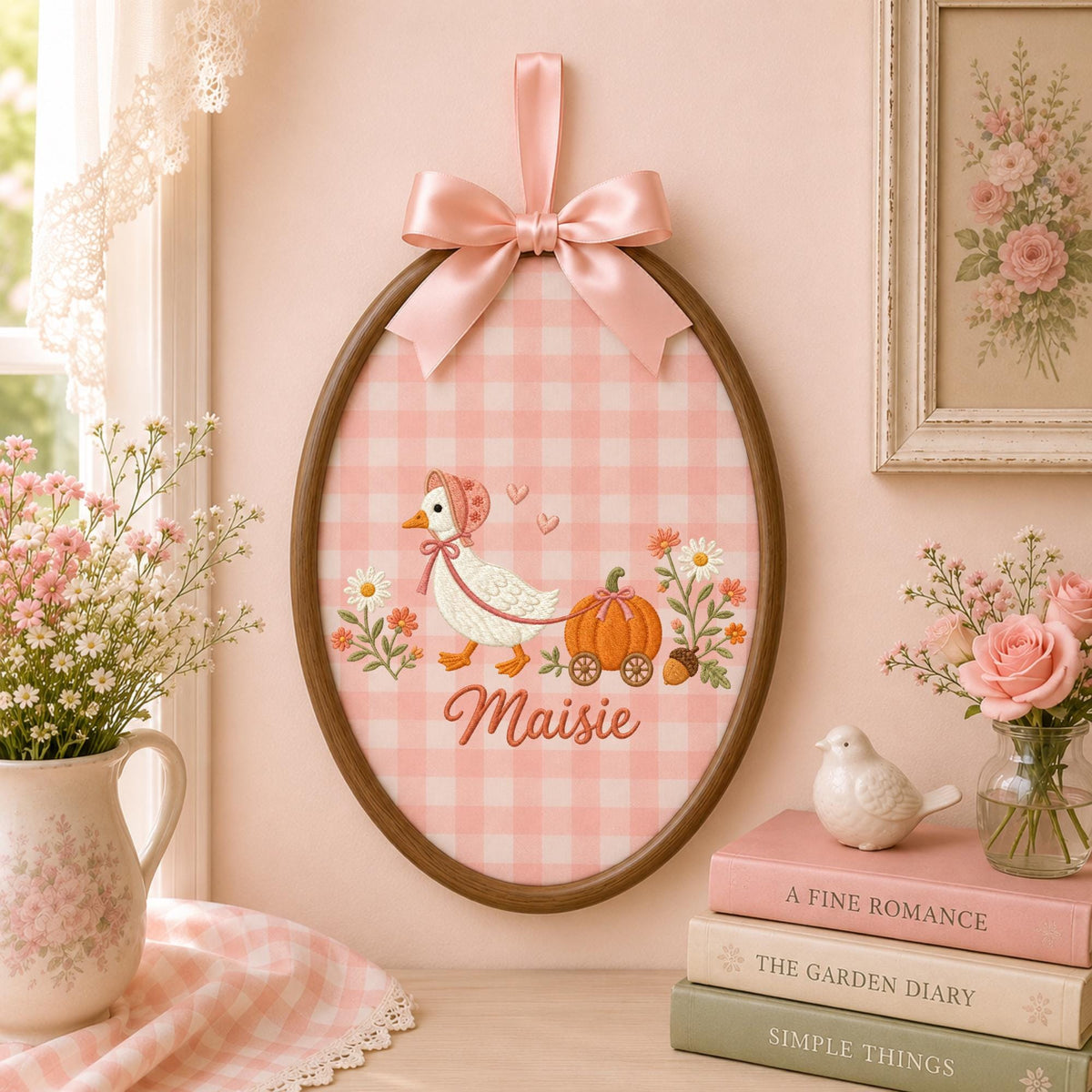 Personalized Goose Halloween Embroidered Ornament, Pumpkin Cart Baby Name Hoop, Fall Nursery Decor, Cute Halloween Baby Gift