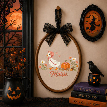 Personalized Goose Halloween Embroidered Ornament, Pumpkin Cart Baby Name Hoop, Fall Nursery Decor, Cute Halloween Baby Gift